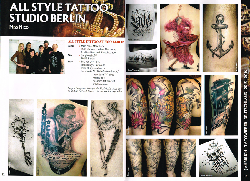Jahrbuch Tätowierer deutschland 15-16 page1 Allstyle Tattoo missNico Adam Theosone Marc Lane Ruth Barja