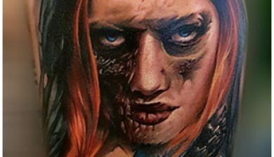 allstyle all style berlin tattoo tätowierung ink guest artist mikko belowzero below zero finland realistic portrait color black and grey motte moth zombie female