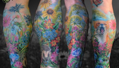 allstyle tattoo berlin ink miss nico leg fullleg realistic realistictattoo color colortattoo nature natur fuchs fox igel butterfly schmetterling