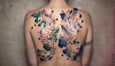 allstyle tattoo berlin ink watercolor aquarell katrin ingwersen backside rueckenbild seepferd seahorse vogel bird color colortattoo