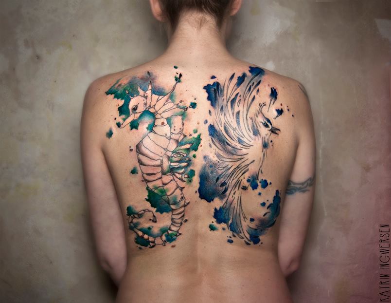 allstyle tattoo berlin ink watercolor aquarell katrin ingwersen backside rueckenbild seepferd seahorse vogel bird color colortattoo