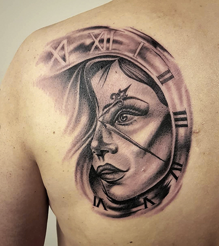 marclanetattoo marclane marc lane allstyletattooberlin allstyletattoo allstyle tattooberlin tattoo berlin ink clock hourglass lady face portrait